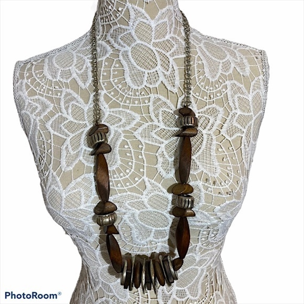Wood and silver long necklace light weight